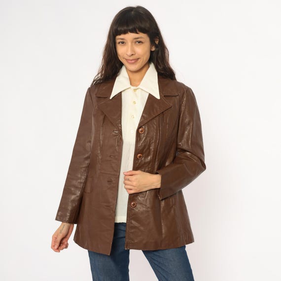 70s Brown Leather Jacket Button Front Collared Br… - image 3