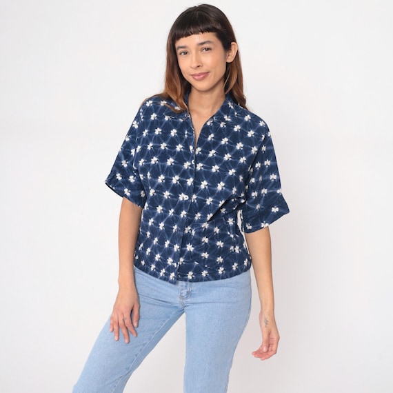Butterfly Print Shirt 90s Navy Blue White Cotton Short Sleeve Tie Dye Batik Print Blouse Collar Vintage Summer Top Relaxed Fit Large L