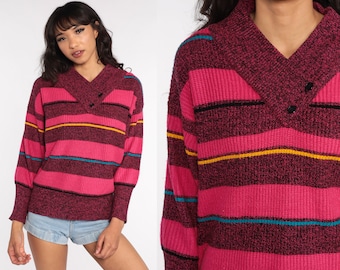 Hot Pink Sweater 80s Striped Sweater Gitano Acrylic Sweater Knit V Neck Sweater 80s Slouch Sweater Pullover 90s Jumper Vintage Medium