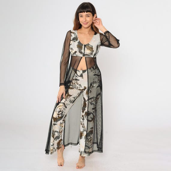 Y2K Metallic Dot Two Piece Jumpsuit Set Sheer Black Mesh Crop Jacket Sequin Foil Flared Pants Party Clubwear Graphic Print 2000s Small S