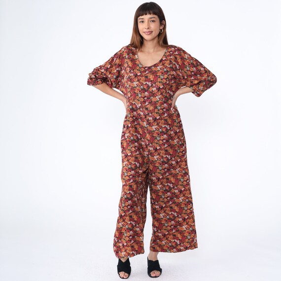 Floral Palazzo Jumpsuit 90s Wide Leg Jumpsuit Red… - image 3