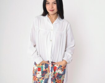 70s White Patchwork Shirt Strawberry Floral Print Button Up Blouse Pocket Tunic Dress Hippie Long Sleeve Vintage 1970s Top Extra Large xl