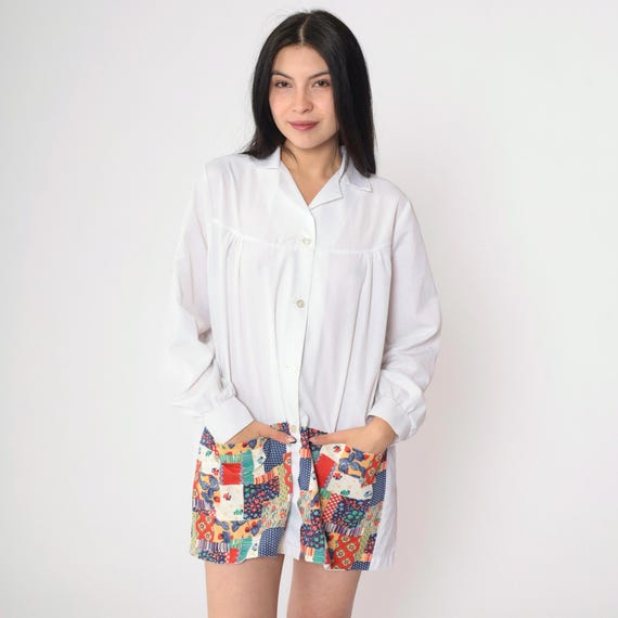 70s White Patchwork Shirt Strawberry Floral Print Button Up Blouse Pocket Tunic Dress Hippie Long Sleeve Vintage 1970s Top Extra Large xl