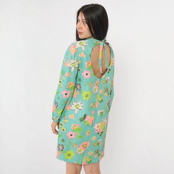 60s Mod Open Back Floral Dress Blue Mini Keyhole Hippie Vintage 1960s Boho Long Sleeve Psychedelic Minidress Shift Bohemian Retro Small S