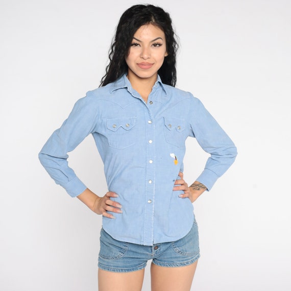 Embroidered Chambray Shirt 70s Western Shirt Rain… - image 4