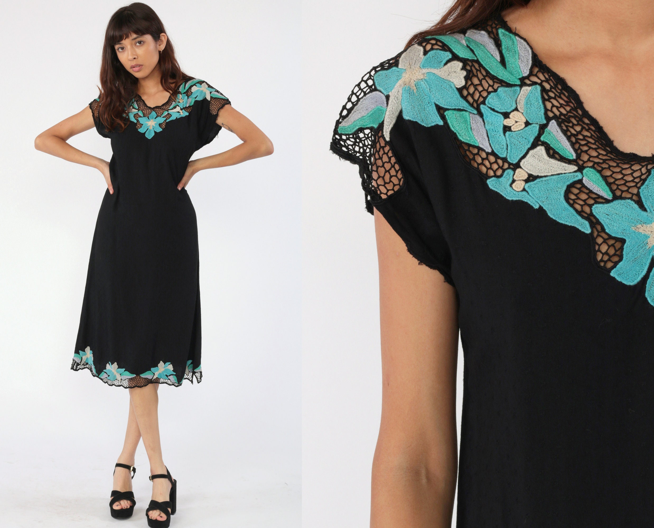 Black Bali Dress Floral Cut Out 70s 