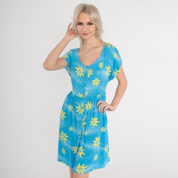Blue Floral Dress 90s Mini Button Up Dress Vintage Shirtdress Summer Yellow High Waist Shirtwaist Short Sleeve 1990s Small Medium Large