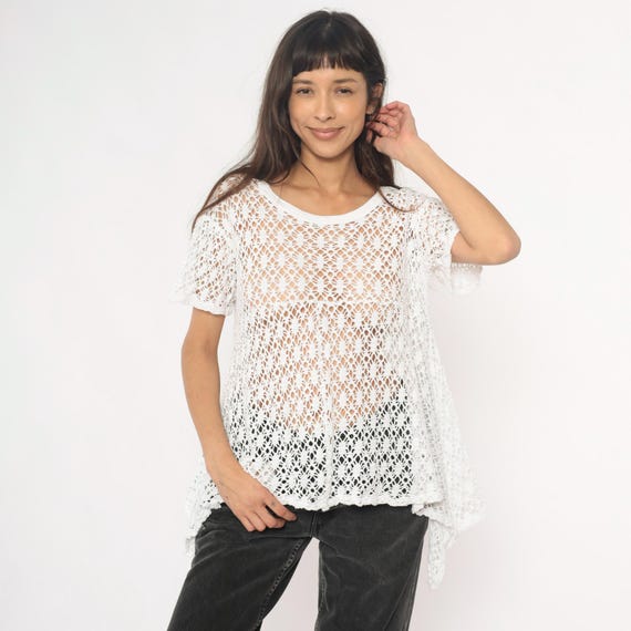 White Crochet Top 90s Blouse Mesh See Through Sheer Open Knit Cotton Summer Beach Festival Coverup Vintage Hippie Bohemian Rave Medium M