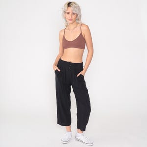 Vintage Black Pleated Trousers 80s Ankle Length High Waisted Rise Straight Tapered Leg Slacks Cropped Plain Minimal 1980s Petite Small XS