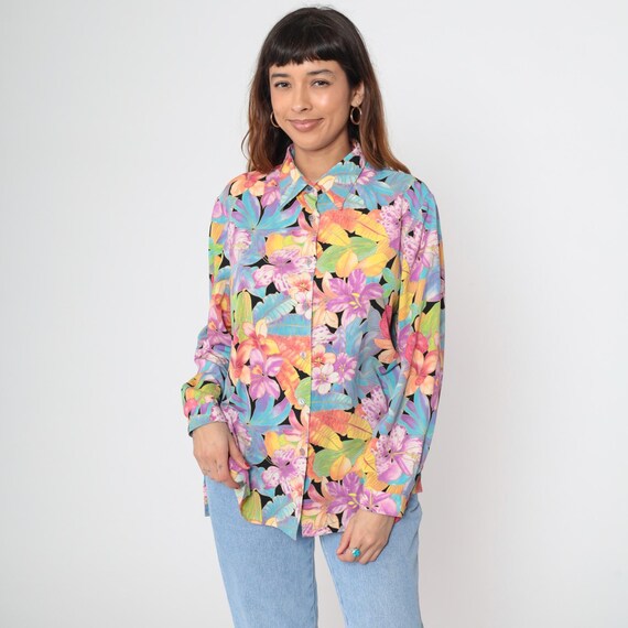 Tropical Floral Blouse Y2K Purple Hibiscus Palm Leaf Button Up Vacation Resort Rayon Shirt Long Sleeve Womens Vintage Colorful Size 15 L