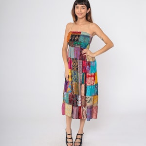 Y2K Patchwork Sundress Hippie Dress Smocked Floral Paisley Mixed Print Boho Hippie 00s Vintage Midi Sun Dress Spaghetti Strap Small xs