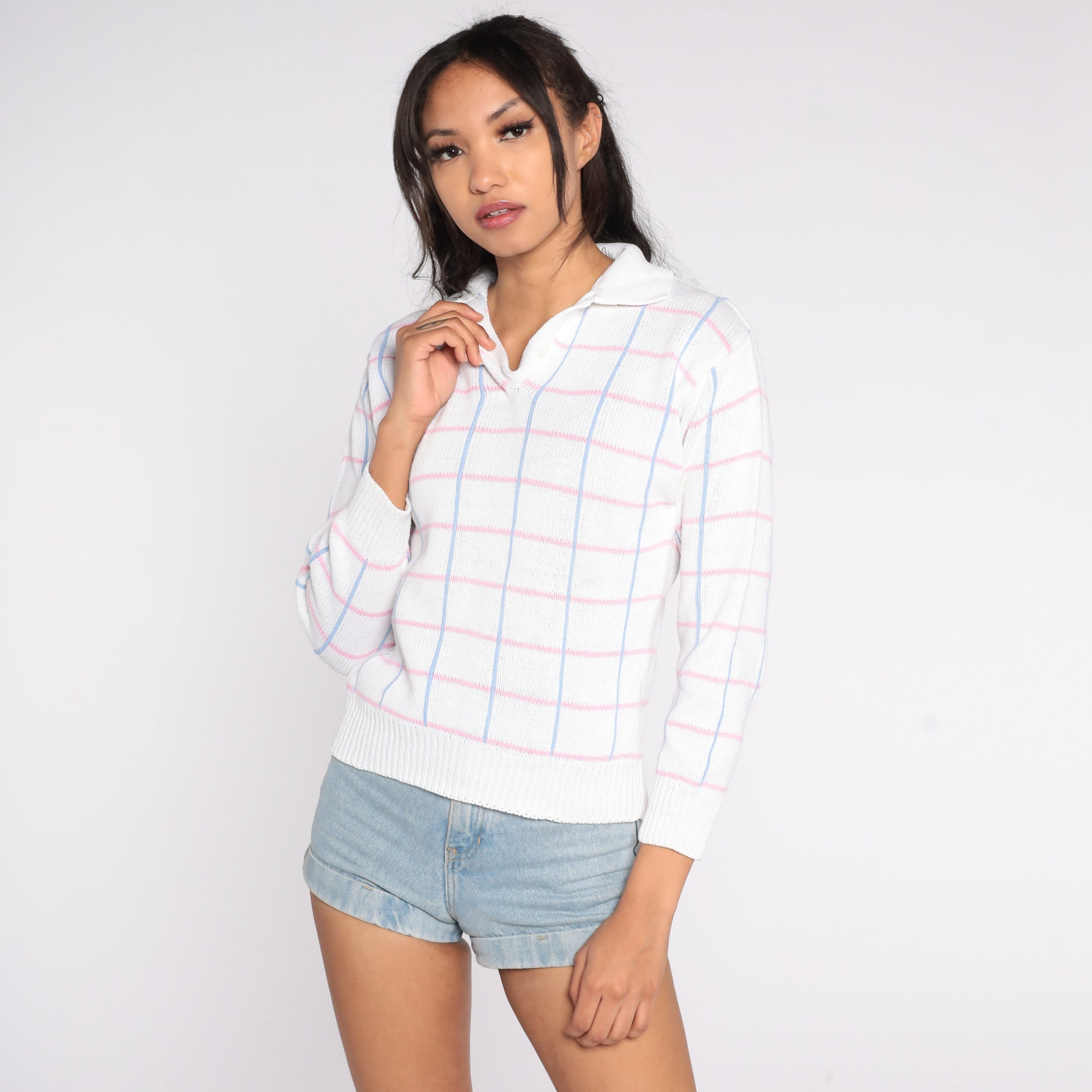 White Checkered Sweater 90s Collared Sweater Pastel Blue Pink Cotton ...