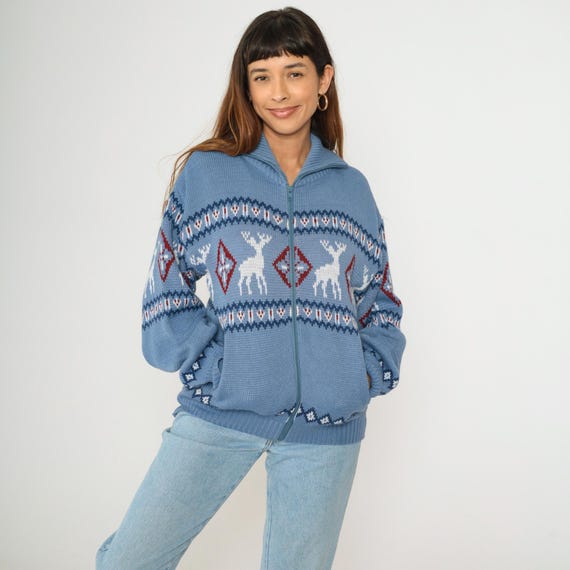 Y2K Fair Isle Cardigan Sweater Vintage Reindeer Blue Nordic Knit Zip Up Sweater 00s Warm Winter Jacket Small S