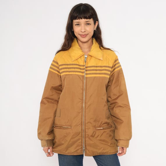 70s Striped Windbreaker Brown Mustard Gold Coat Two Tone Color Block Pointed Collar Warm Lined Puffer Winter Ski Jacket Gorpcore Medium M