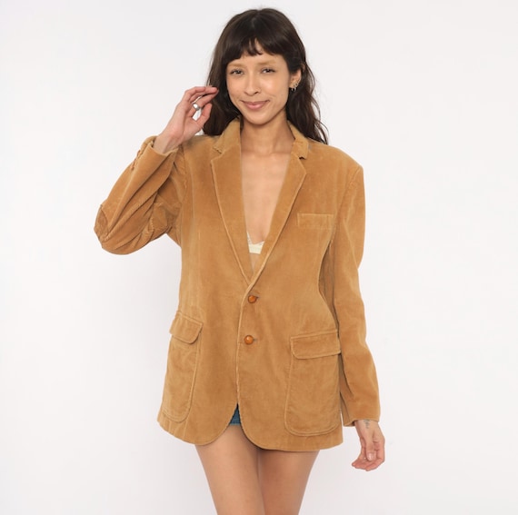 80s Corduroy Elbow Patch Blazer Tan Two Button Jacket Camel Sport Coat Sand Academic Preppy Collegiate Vintage Khaki Suede Detail Medium M
