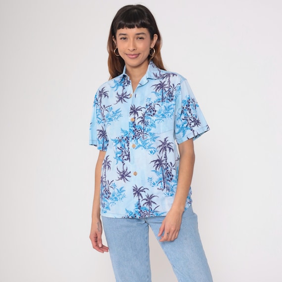 Tropical Hawaiian Shirt 70s Blue Palm Tree Print Tropicana Navy Fern Button Up Short Sleeve Beach Vacation Aloha Cotton Vintage Medium M