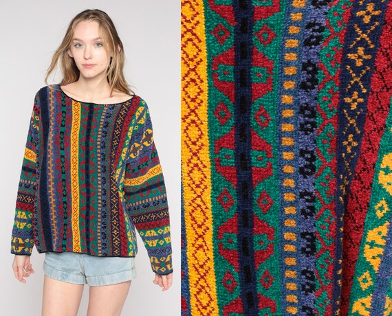 Striped Geometric Sweater 90s Multicolored Sweater Jacquard Pullover Sweater Grunge Slouch Knit 1990s Vintage Red Blue Oversize Large