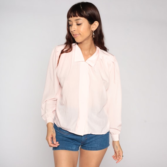 Puff Sleeve Blouse Plain Baby Pink Top Button Up Shirt 80s Boho Pastel Secretary Collar Top Vintage 1980s Long Sleeve Medium