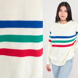 White Striped Sweater 80s 90s Raglan Sleeve Knit Jumper Slouchy Pullover Crewneck Red Blue Green Stripe Vintage 1990s Large L