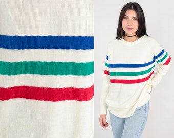 White Striped Sweater 80s 90s Raglan Sleeve Knit Jumper Slouchy Pullover Crewneck Red Blue Green Stripe Vintage 1990s Large L