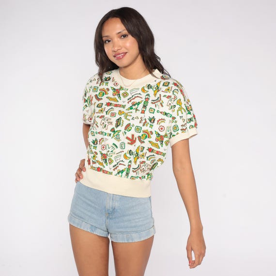 90s Haida Eagle Totem Pole Abstract Print Shirt Graphic Cotton Knit Short Sleeve Pullover Crew Neck Elastic Waist Patterned Top Small Medium