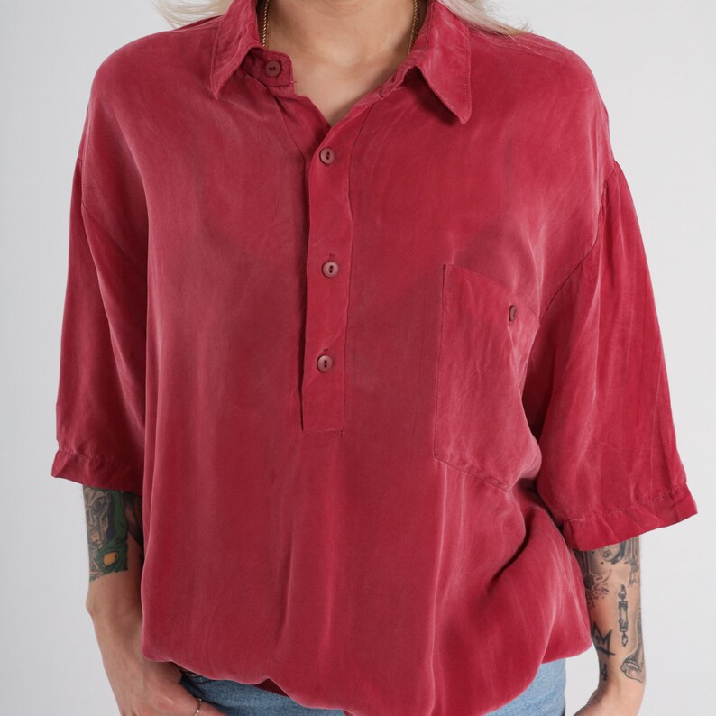 Red Polo Shirt 90s Silky Collared T-shirt Preppy Basic Slouchy Short Sleeve Top Banded Hem Half Button Up Plain Collar Vintage 1990s Mens XL image 6