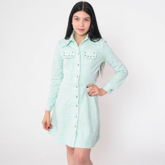 Studded Mini Dress 70s Heathered Mint Button up Dress Long Sleeve Collared Minidress Retro Ray Dress Seventies Vintage 1970s Extra Small xs