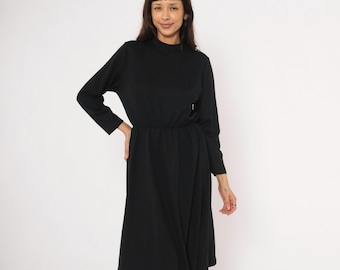 Vestido gótico de manga larga de los 80, negro, cuello alto, cintura elástica, falda fruncida, minimalista, negro azabache, estilo academia, nerdcore, vintage, talla pequeña/mediana (SM)