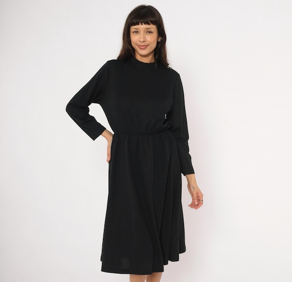 80s Gothic Long Sleeve Dress Black Mock Neck Elastic Waist Gathered Skirt Minimal Jet Dark Academia Nerdcore Vintage Small Medium SM