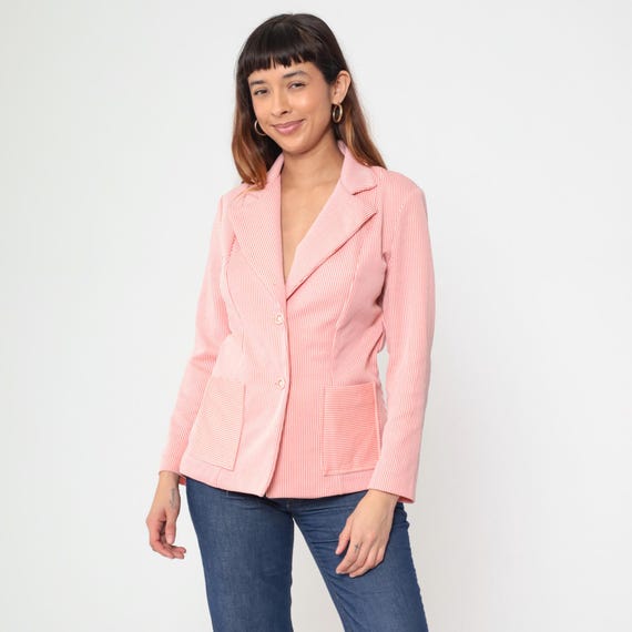 Striped Blazer 70s Pink White Pinstripe Blazer Button Front Jacket Vintage 70s Preppy Blazer Long Sleeve Seersucker Professional Medium M