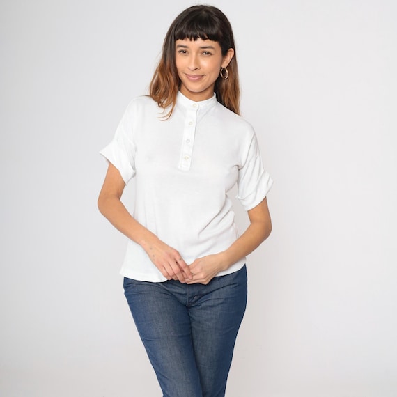 White Henley Shirt 80s Cuffed Short Sleeve T-Shirt Button up TShirt Spring Tee Retro Basic Plain Top Vintage 1980s Small S