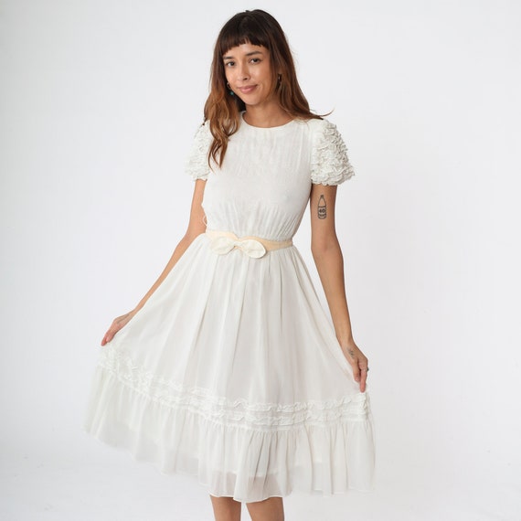 White Ruffled Dress 80s Cottagecore Party Dress Puff Sleeve High Waisted Midi Belted Leaf Print Prairie Vintage 1980s Extra Small xs