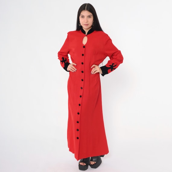Vintage Red Maxi Dress 90s Western Gothic Velvet Appliqué Button Up Keyhole Long Sleeve Mandarin Collar 1990s Grunge Witchy Panache Large 12