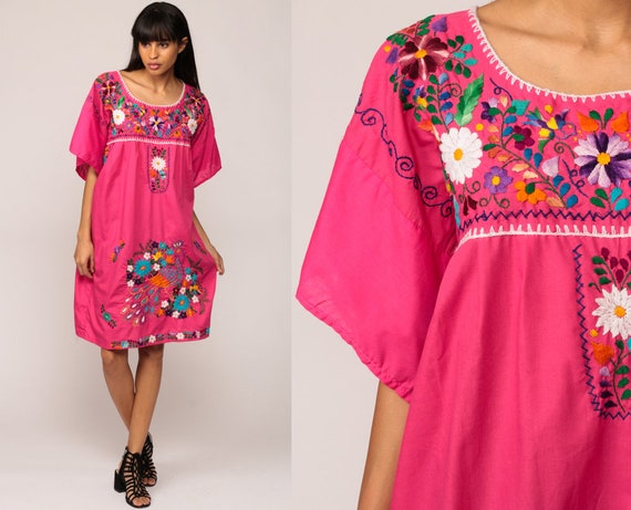 Embroidered Mexican Dress Peacock BIRD Tunic Mini Boho Hippie Bohemian Pink Cotton Vintage Ethnic Festival Rainbow Extra Large xl