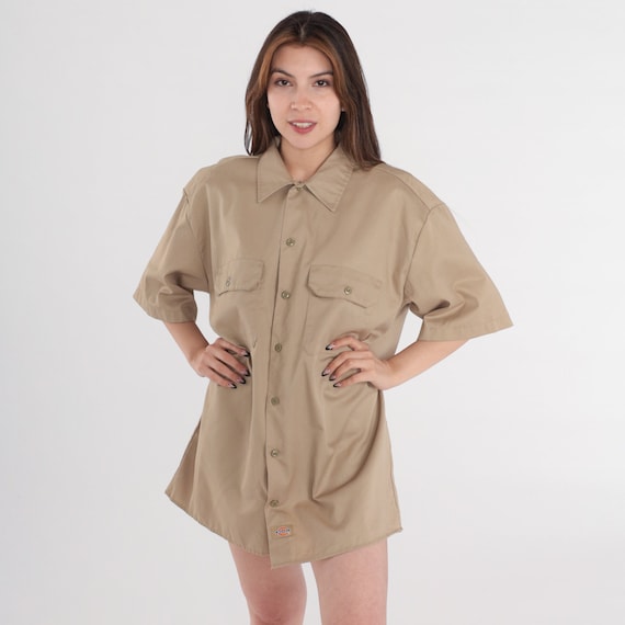 Dickies Shirt Y2K Khaki Button up Shirt Utility Workwear Short Sleeve Collared Tan Chest Pockets Work Wear Oxford Vintage 00s Mens Large L