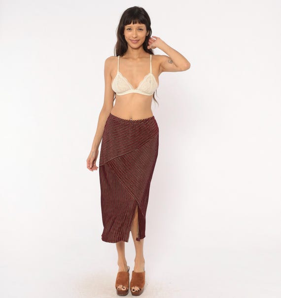 80s Chevron Stripe Midi Skirt Burgundy Wine Paneled Front Slit Pencil Fitted Pinstripe Maroon Cranberry Vintage Preppy Gail Morgado Small S