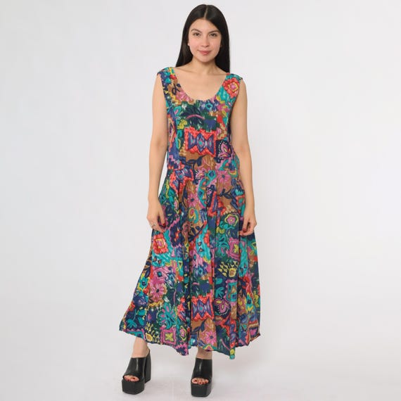 Patchwork Maxi Dress 90s Sleeveless Scoop Neck Abstract Print Bohemian Hippie Festival Colorful Boho Psychedelic Tribal Rainbow Medium M