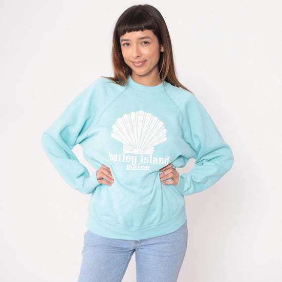 Maine Island Sweatshirt 80s Bailey Light Blue Mint Seashell Shell Long Sleeve Pullover Vintage Beach Coast Vacation Souvenir Large L