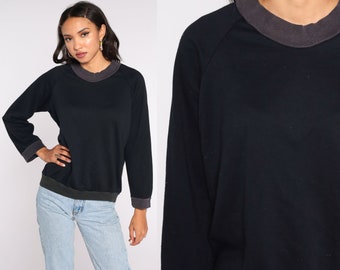 Black Crewneck Sweatshirt 80s Sweatshirt Plain Long Sleeve Shirt Slouchy Vintage Medium