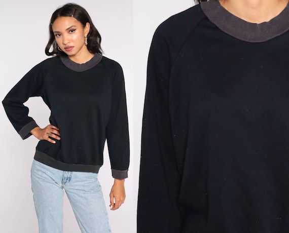 Black Crewneck Sweatshirt 80s Sweatshirt Plain Long Sleeve Shirt Slouchy Vintage Medium