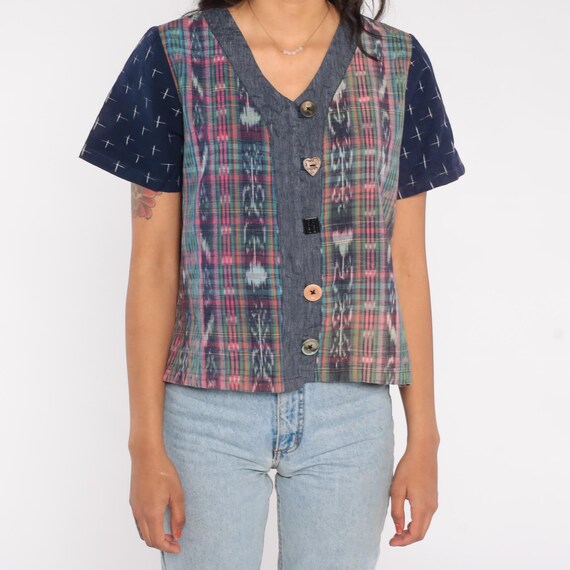 Patchwork Button Up 90s Ikat Print Navy Chambray … - image 6