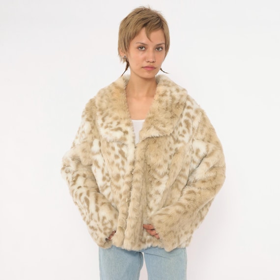 Y2K Faux Fur Jacket Cream Leopard Print Beige Animal Spotted Coat Wide Collar Long Sleeve Cropped Boxy Fuzzy Winter 2000s Vintage Large L