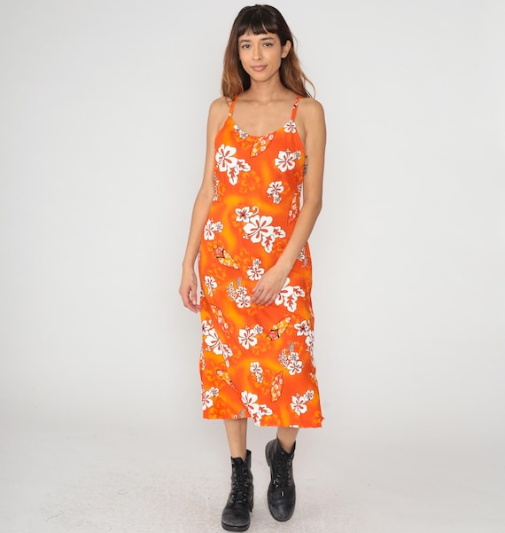 Y2K Orange Hawaiian Tropical Floral Dress Hibiscus Print Spaghetti Strap Maxi Summer Beach Slip Dress Vintage 90s Sundress Vacation Large L