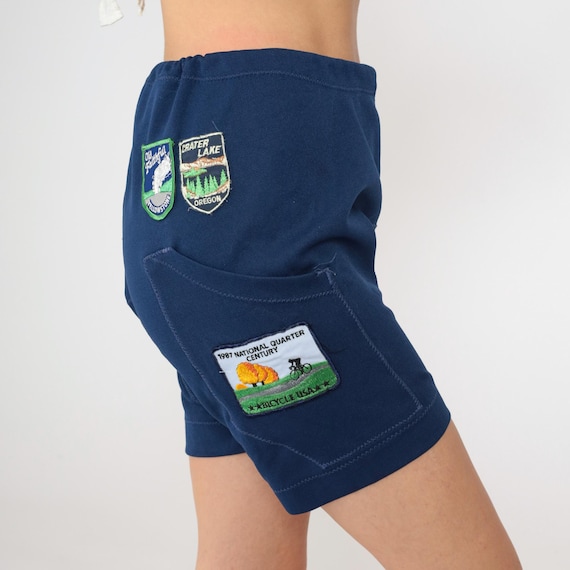 Vintage Cycling Shorts National Park Patch 70s 80s Navy Blue Yellowstone Crater Lake Bike Leather Chamois Pad High Waist 1980s Medium M