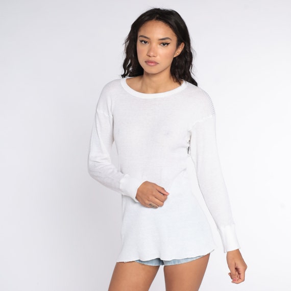 White Thermal Shirt 80s Long Sleeve Undershirt WAFFLE KNIT Shirt 1980s Under Shirt T Shirt Underwear Retro Tee Layer Vintage Small Medium