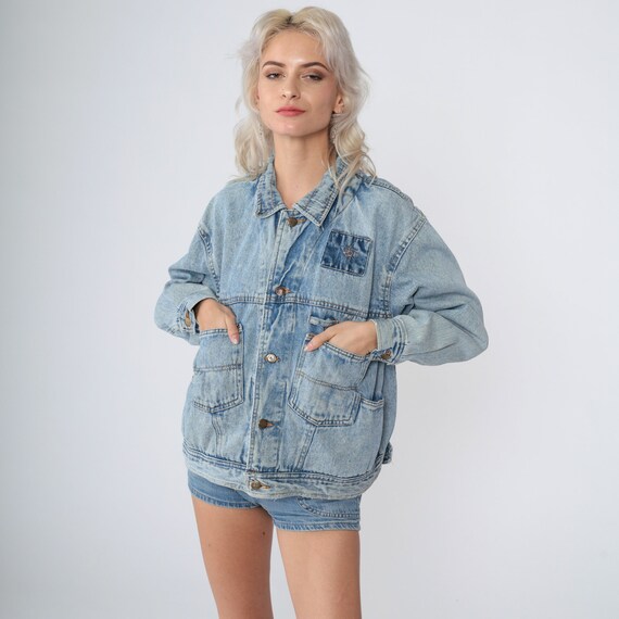 Denim Cargo Jacket 90s Blue Jean Jacket Button up Helicopter Utility Pockets Workwear Streetwear Bomber Coat Vintage 1990s Oversized Small