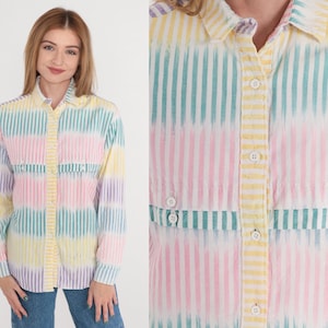 Striped Shirt 90s Button Up Blouse White Pink Yellow Blue Green Purple Long Sleeve Top Pastel Western Cotton 1990s Vintage Roper Medium M image 1