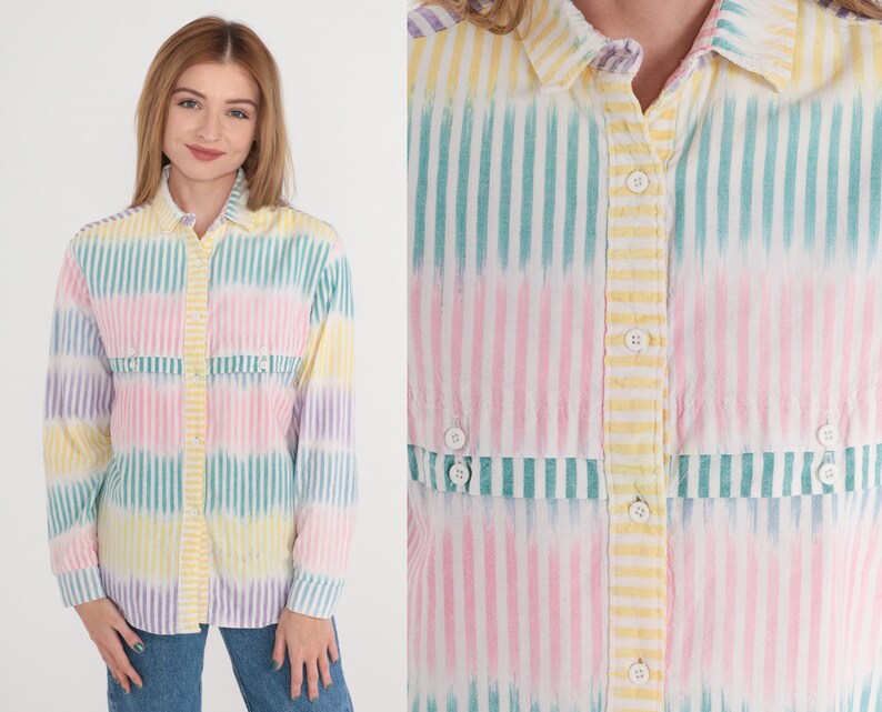 Striped Shirt 90s Button Up Blouse White Pink Yellow Blue Green Purple Long Sleeve Top Pastel Western Cotton 1990s Vintage Roper Medium M image 1