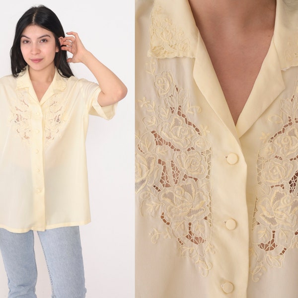 Silk Cutout Blouse 90s Floral Embroidered Top Cream Short Sleeve Button up Shirt Bali Cutwork Cut Out Bohemian Hippie Vintage 1990s Large L