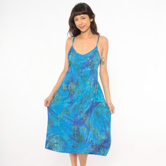 Tie Dye Slip Dress 2000s Blue Floral Sundress Hibiscus Print Summer Beach Vacation Bohemian Tropical Purple Green Vintage Womens Large L